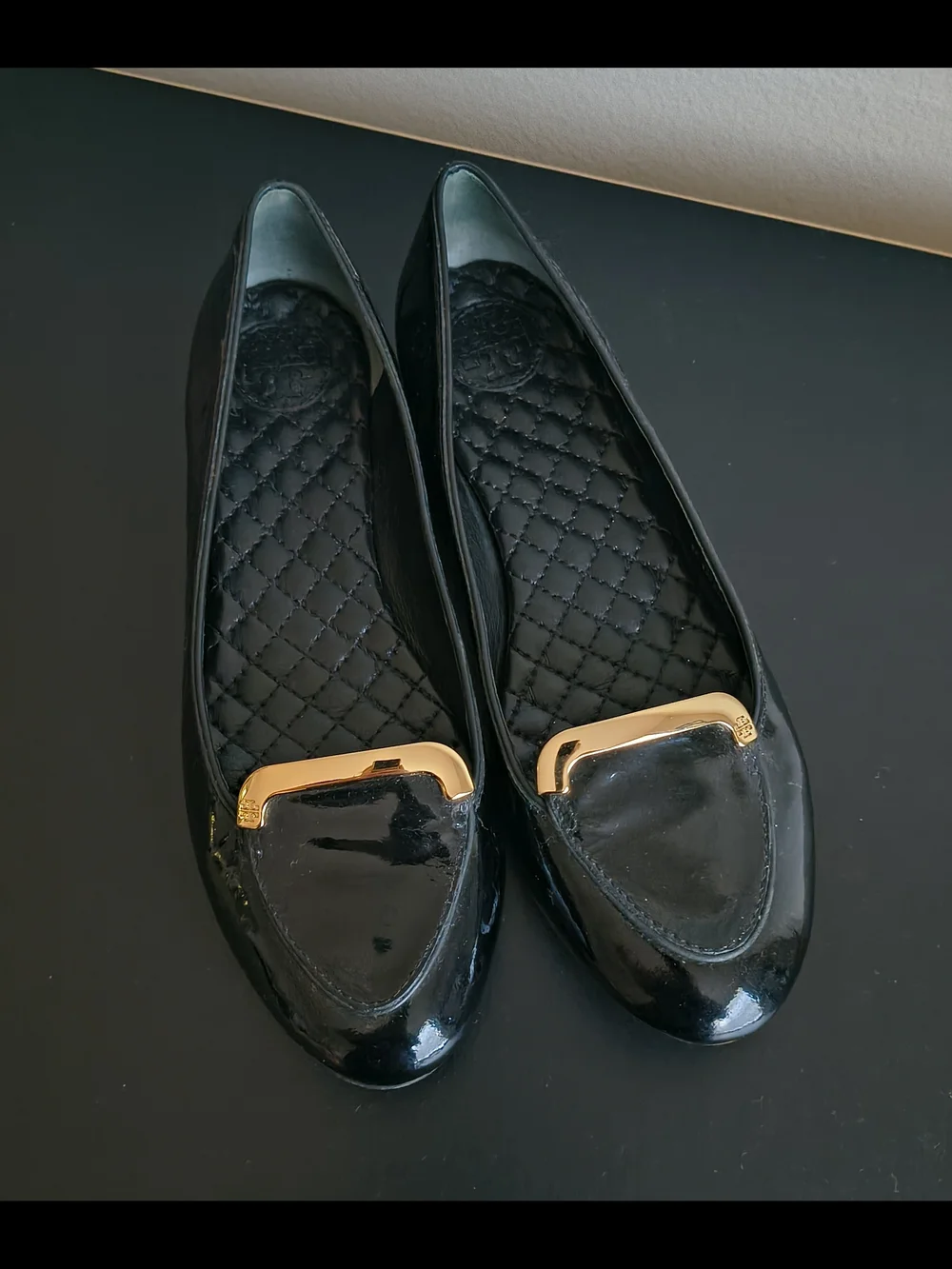 Tory Burch Women’s Black Patent Leather Loafers with Gold Accent
